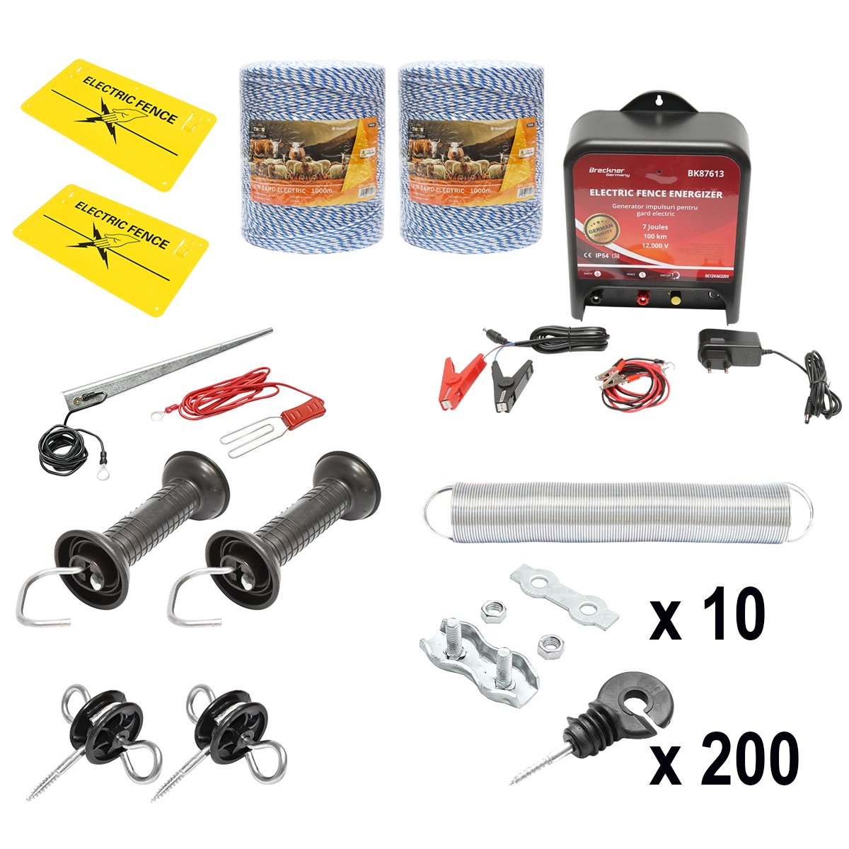 Kit complet gard electric 12/220V, 14 Joule lungime fir 2000m, 200 izolatori si placute avertizare Breckner Germany
